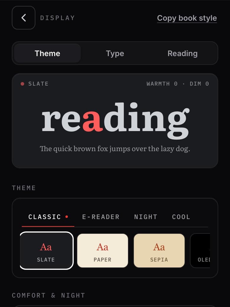 The display panel: theme presets, warmth, dim and contrast